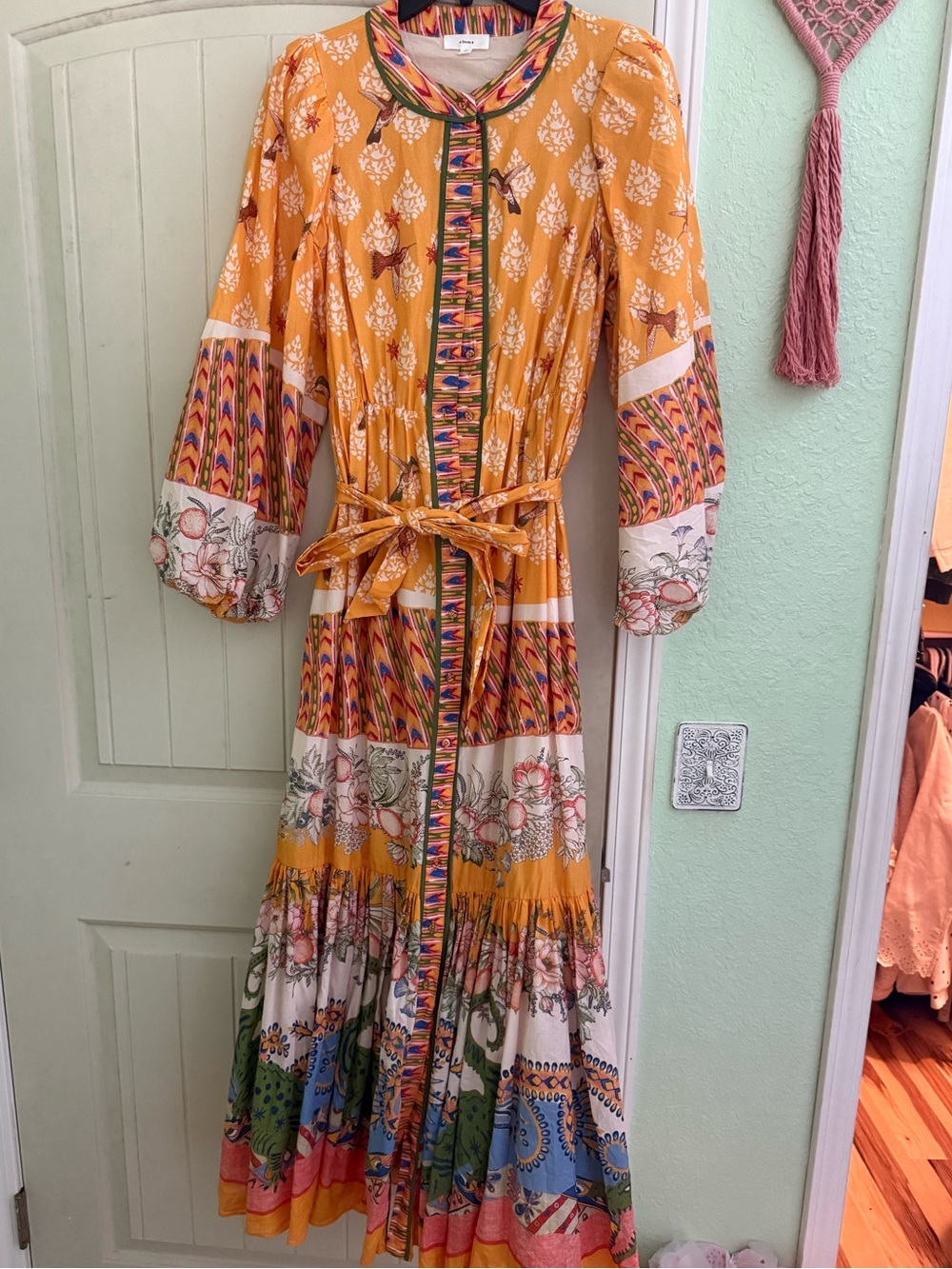 Boho Patchwork Mustard Yellow Maxi Dress with Tie Waist